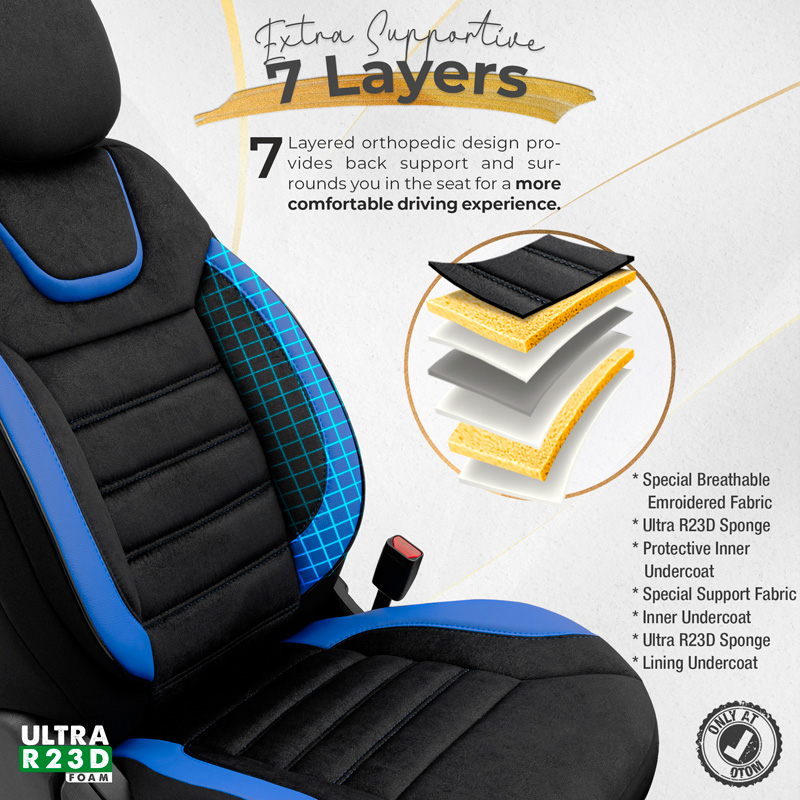 Housse de sièges universel en suede/cuir/textile 'Iconic' Noir/Bleu - 11-pièces - adapté aux Side-Airbags