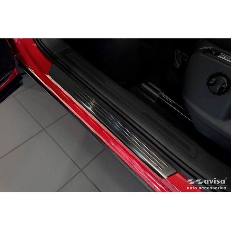 Seuils de portes inoxydable noir sur mesure pour Volkswagen Tiguan II 2016-2020 & FL 2020- incl. Allspace 2017-2020 & FL 2020-2024 - 'Lines' - 4-pièces