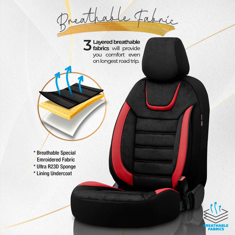 Housse de sièges universel en suede/cuir/textile 'Iconic' Noir/Rouge - 11-pièces - adapté aux Side-Airbags