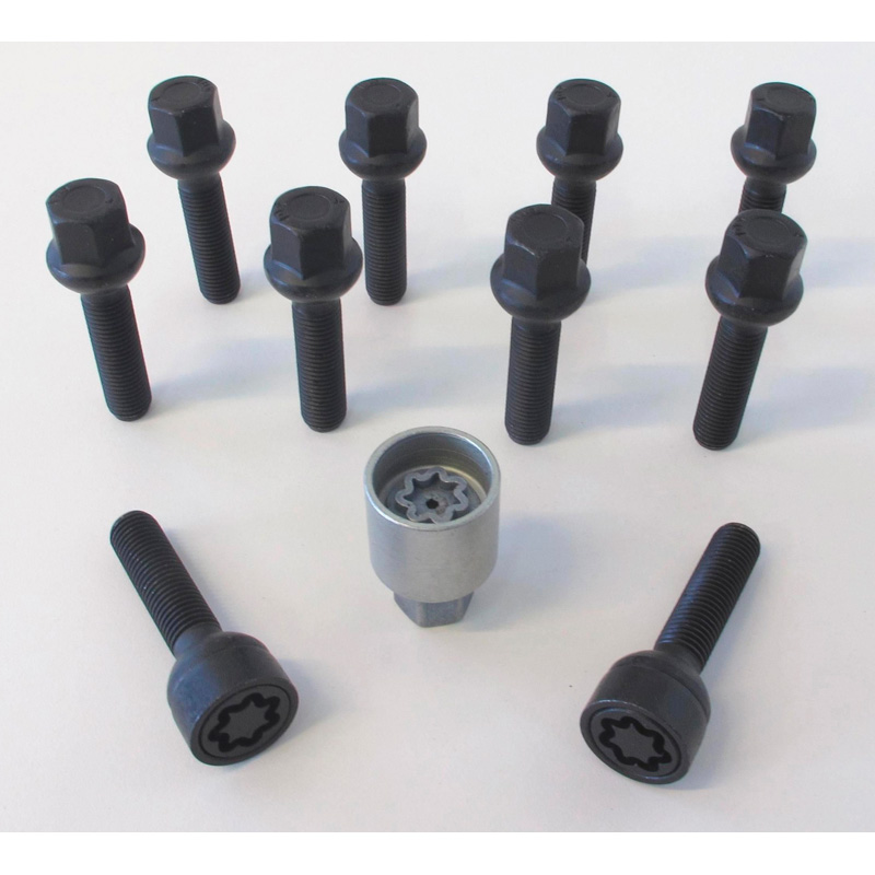 Jeu de Boulons de roue H&R sphérique R13 M14x1.50 - Longueur 33mm - Noir - 10 pièces (sur mesure pour p.e. VAG) - antivol de roue inclus