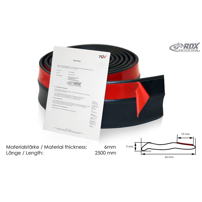 RDX Safe 'N Style Spoiler avant/Jupe latérale universelle 250cm Caoutchouc EPDM Noir