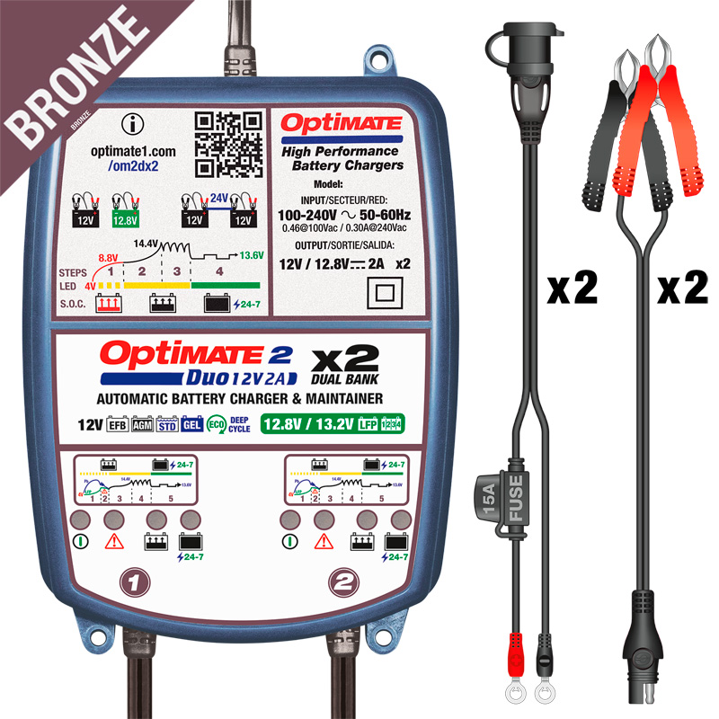 OptiMate 2 DUO x 2 BANK - 12V / 12,8V 2-Amp véritable chargeur et mainteneur