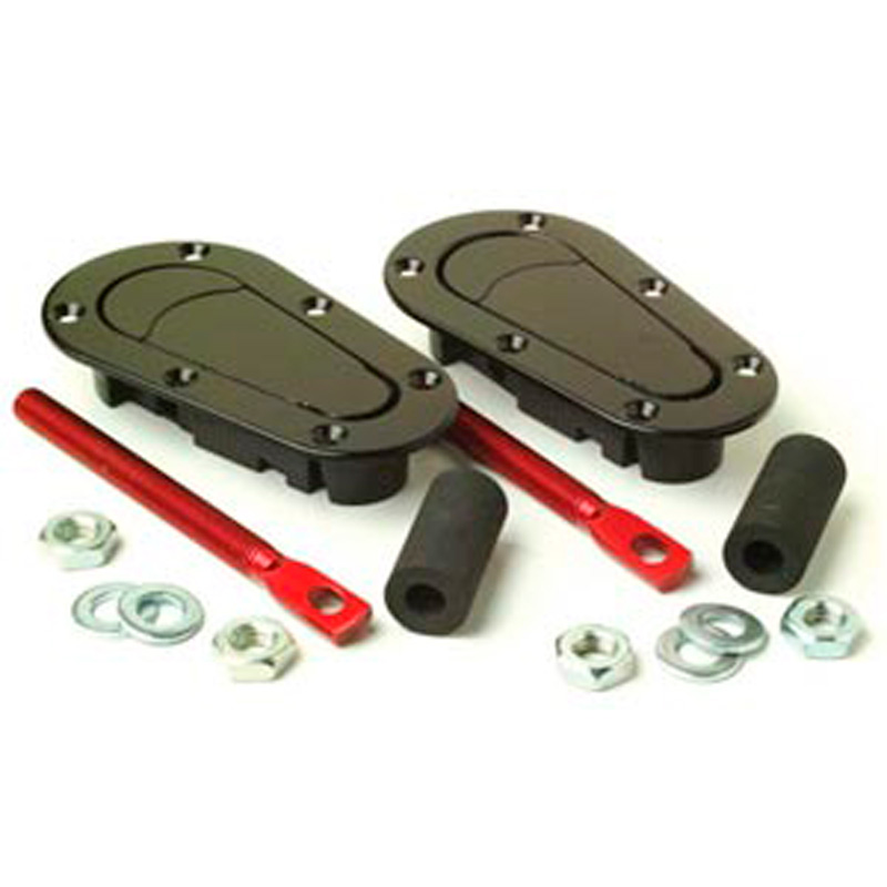 Set Crochets de capot universel Racing Plus Flush - noir + pins aluminium rouge