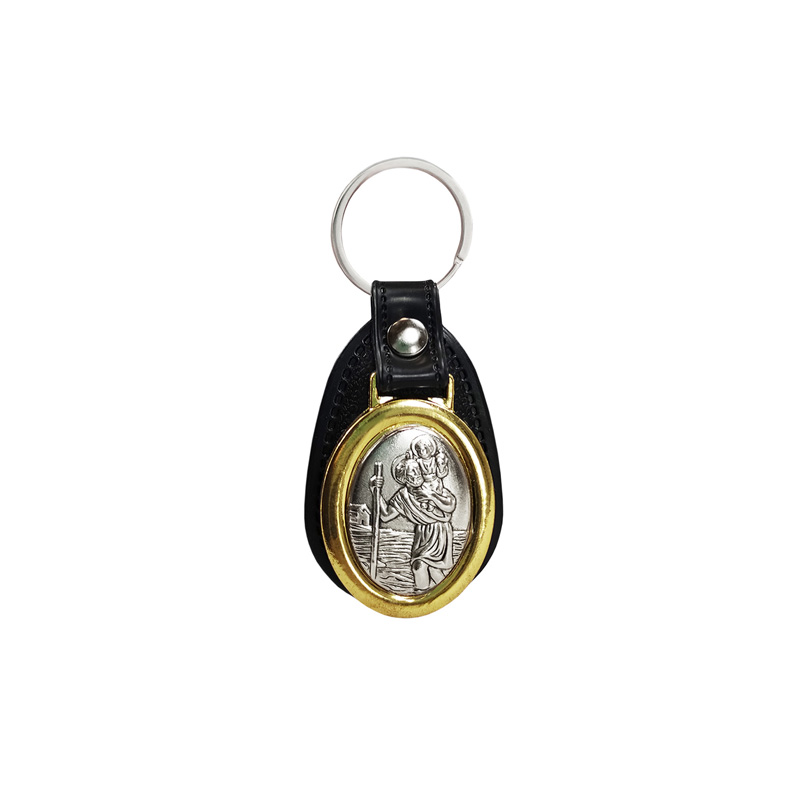 Porte-clés en acier inoxydable et faux cuir - 'St.Christopher' (Argent)