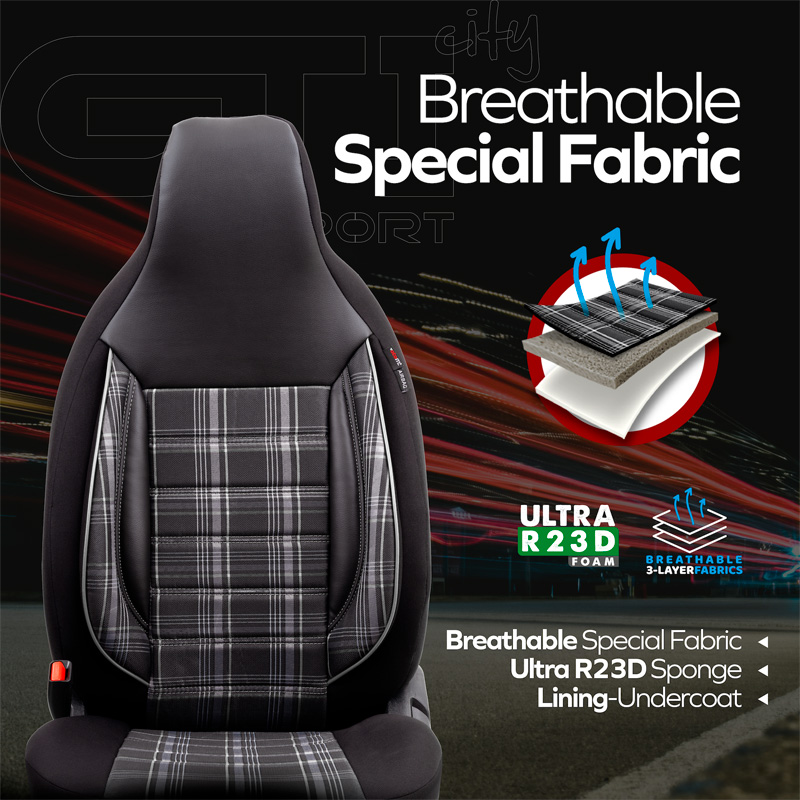 Housse de sièges 'CityBug' universel en textile 'Sports' Noir/Gris/Blanc - 9-pièces - adapté aux Side-Airbags