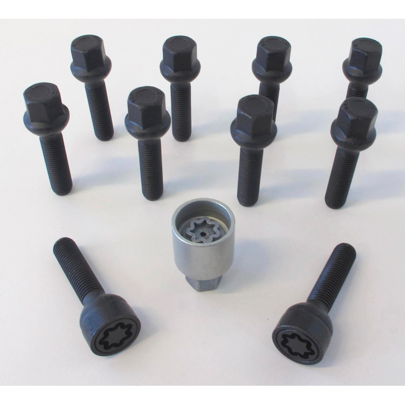 Jeu de Boulons de roue H&R sphérique R13 M14x1.50 - Longueur 35mm - Noir - 10 pièces (sur mesure pour p.e. VAG) - antivol de roue inclus