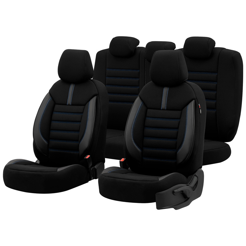 Housse de sièges universel en textile/cuir 'Limited' Noir + Surpiqûres bleu - 11-pièces - adapté aux Side-Airbags