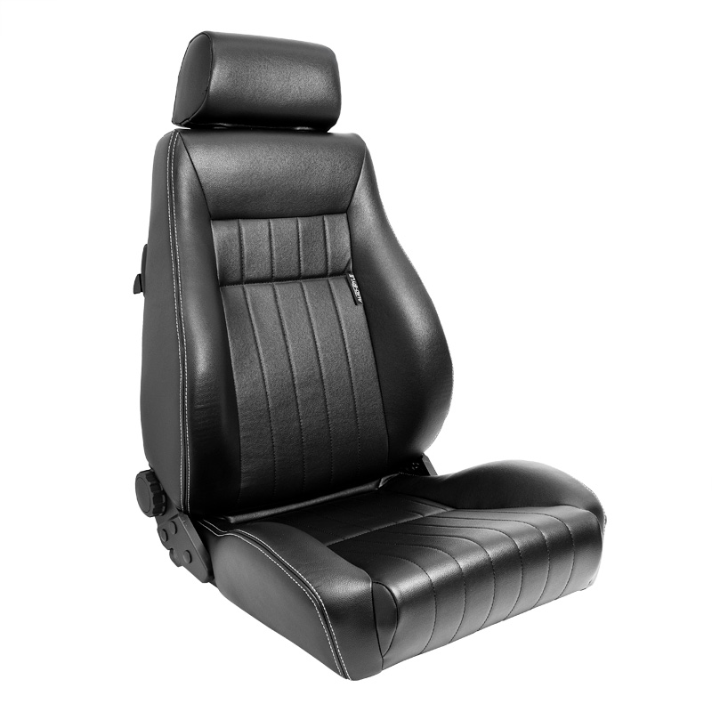 Siège baquet 'Retro' - Simili Cuir Noir + Surpiqûres argent - Dossier réglable - incl. glissières