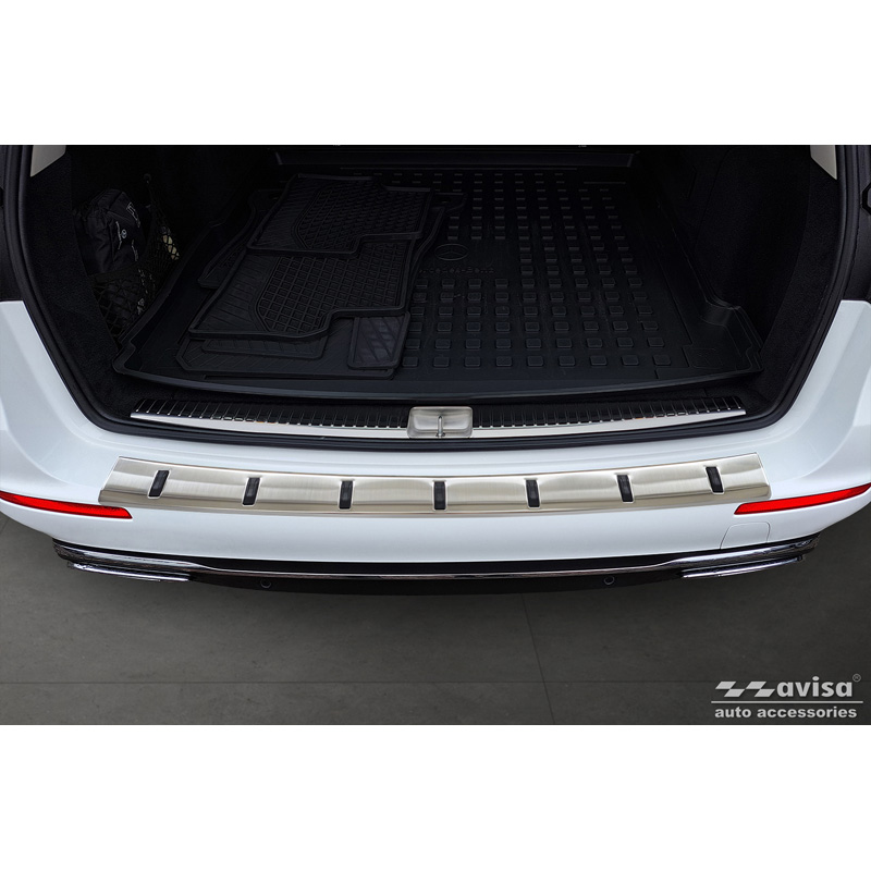 Avisa Protection de seuil arrière inox sur mesure pour Mercedes Classe-E Estate S213 2016-2023 (incl. E53 AMG) 'STRONG EDITION'