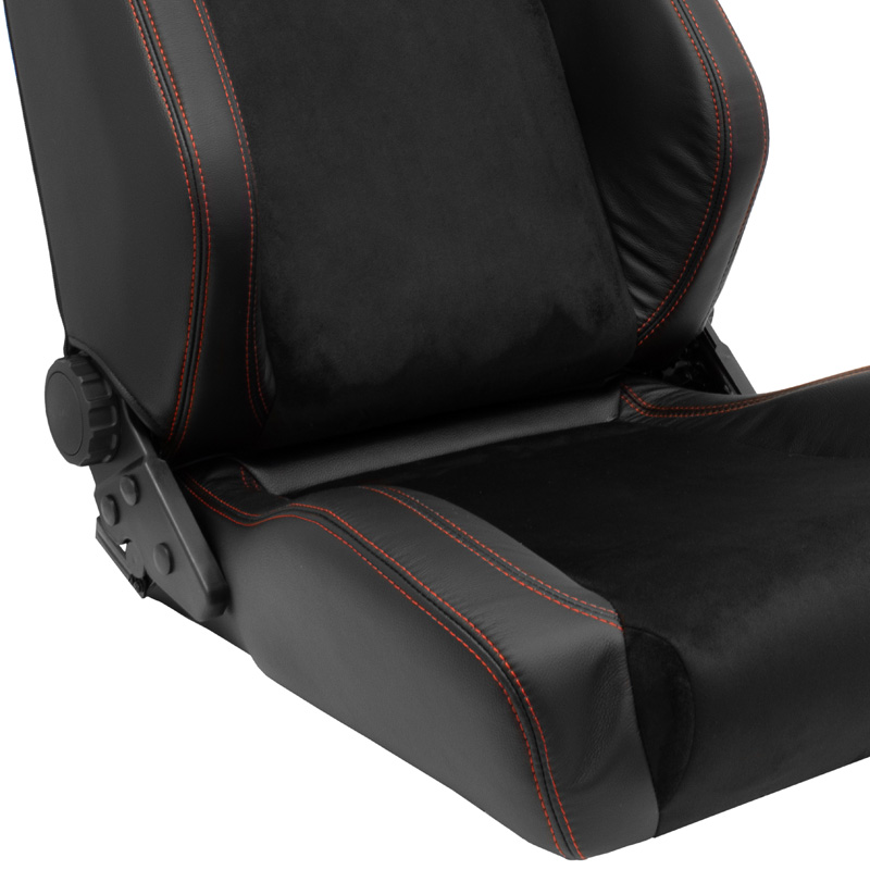 Siège baquet 'VGR Premium' - Cuir & Alcantara Noir + Surpiqûres rouge - Dossier réglable - incl. glissières