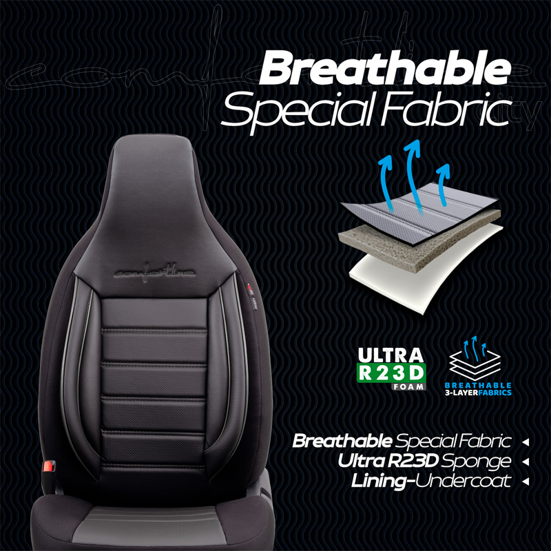 Housse de sièges 'CityBug' universel en cuir/textile 'Comfortline' Noir/Gris - 9-pièces - adapté aux Side-Airbags