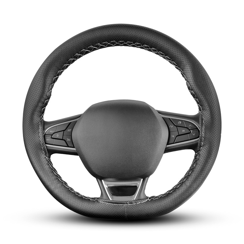 Housse de volant universel Classic - Cuir PVC perforé noir + Surpiqûre gris (laçage)