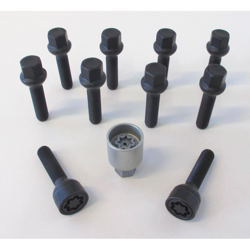 Jeu de Boulons de roue H&R sphérique R12 M12x1.50 - Longueur 52mm - Noir - 10 pièces (p.e. sur mesure pour Mercedes) - antivol de roue inclus
