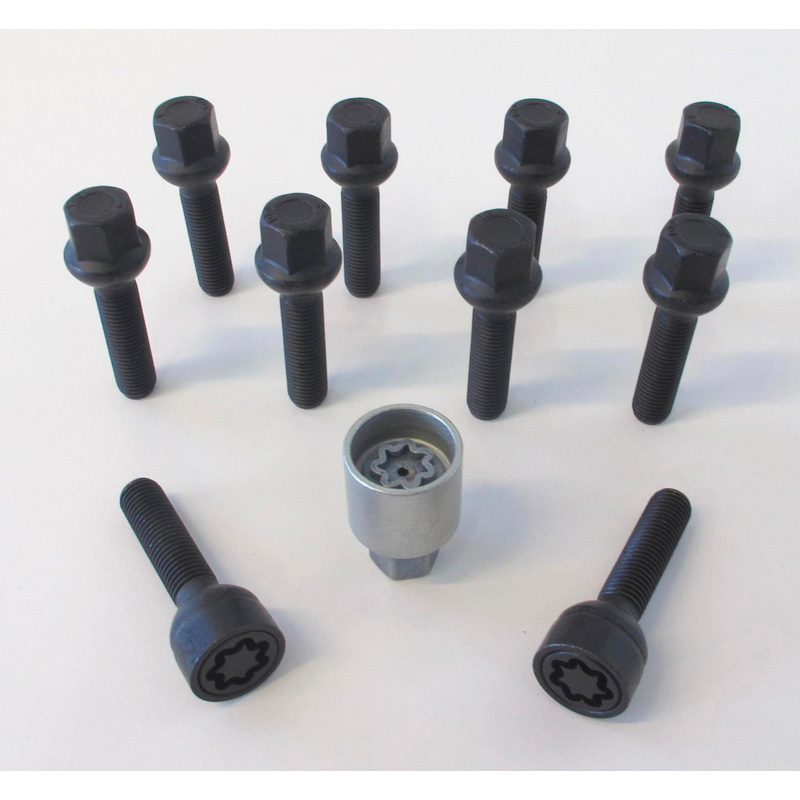 Jeu de Boulons de roue H&R sphérique R13 M14x1.50 - Longueur 31mm - Noir - 10 pièces (sur mesure pour p.e. VAG) - antivol de roue inclus
