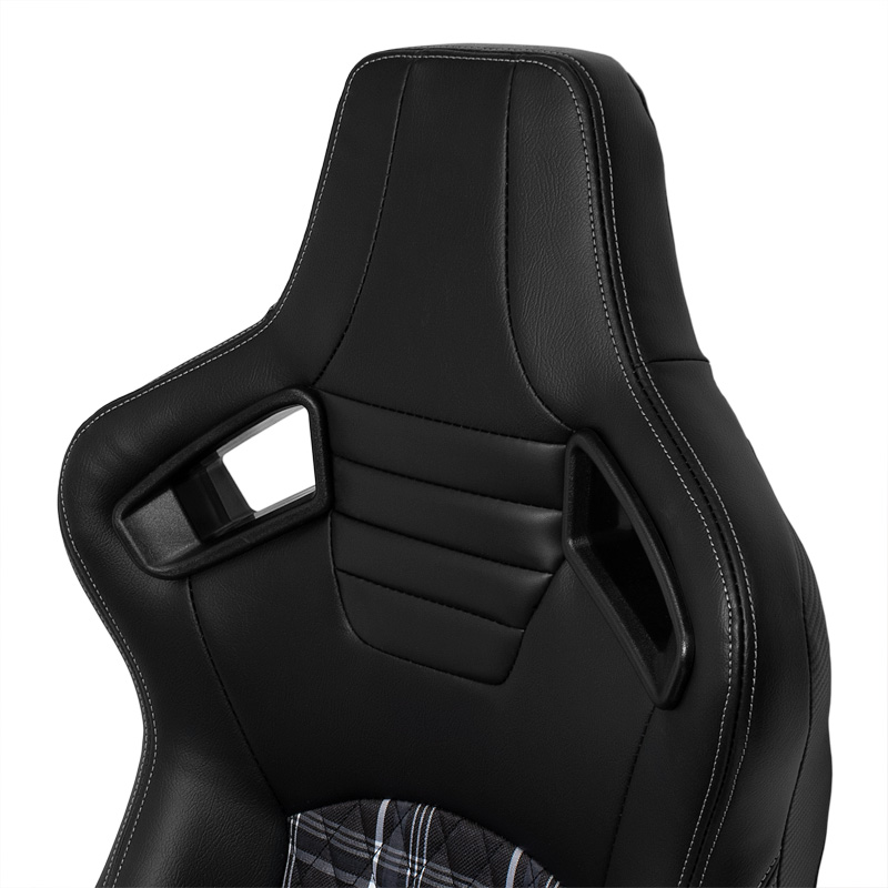 Siège baquet 'GT' - Simili Cuir Noir + Tissu en motif à carreaux Gris + Surpiqûres Gris - Dossier réglable - incl. glissières