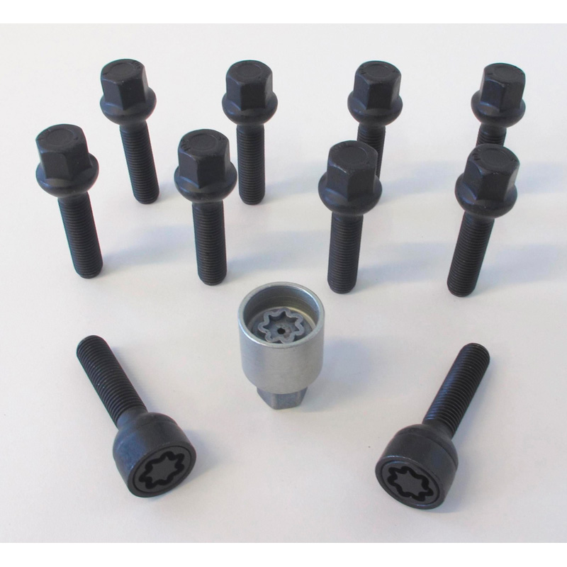 Jeu de Boulons de roue H&R sphérique R12 M12x1.50 - Longueur 35mm - Noir - 10 pièces (p.e. sur mesure pour Mercedes) - antivol de roue inclus