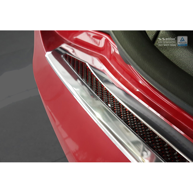 Protection de seuil arrière inox 'Deluxe' sur mesure pour Tesla Model S 2012-2016 & Facelift 2016- Chromé/Carboné noir-rouge