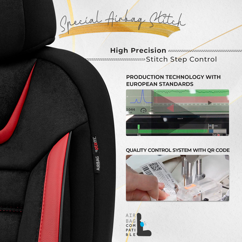 Housse de sièges universel en suede/cuir/textile 'Iconic' Noir/Rouge - 11-pièces - adapté aux Side-Airbags
