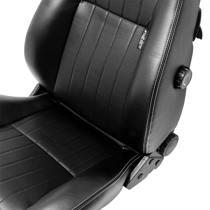 Siège baquet 'Retro' - Simili Cuir Noir + Surpiqûres argent - Dossier réglable - incl. glissières