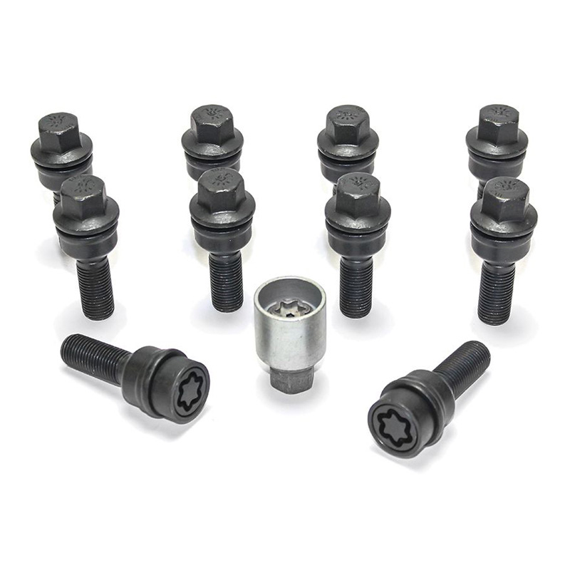 Jeu de Boulons de roue H&R sphérique avec cône mobile R14 M14x1.50 - Longueur 45mm - Noir - 10 pièces (p.e. sur mesure pour Audi Q3, Q5) - antivol de roue inclus
