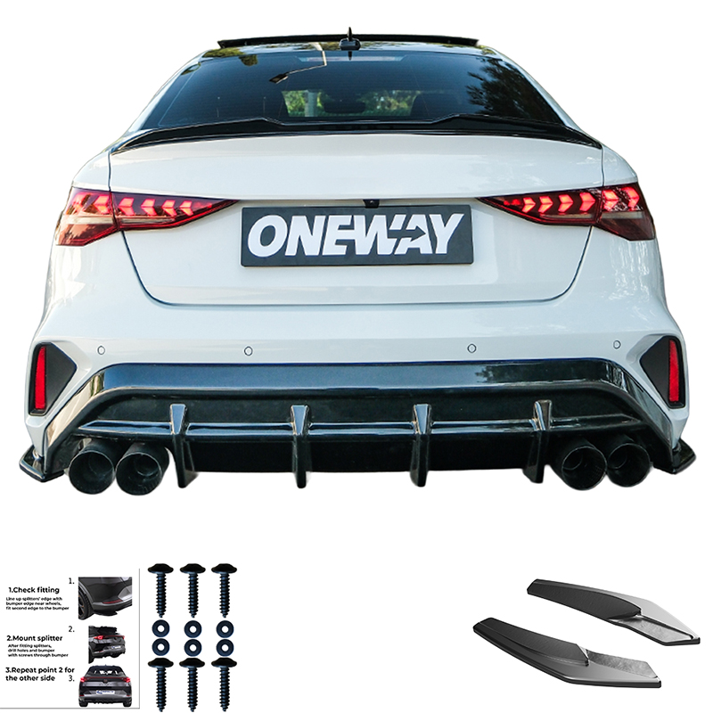 Oneway Jupes de pare-chocs arrière (coins) sur mesure pour Audi A3 (8Y) Sedan S-Line/S3 Facelift 2025- - Noir brillant