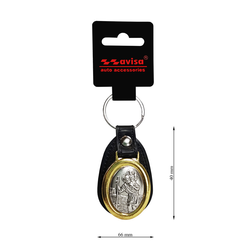 Porte-clés en acier inoxydable et faux cuir - 'St.Christopher' (Argent)