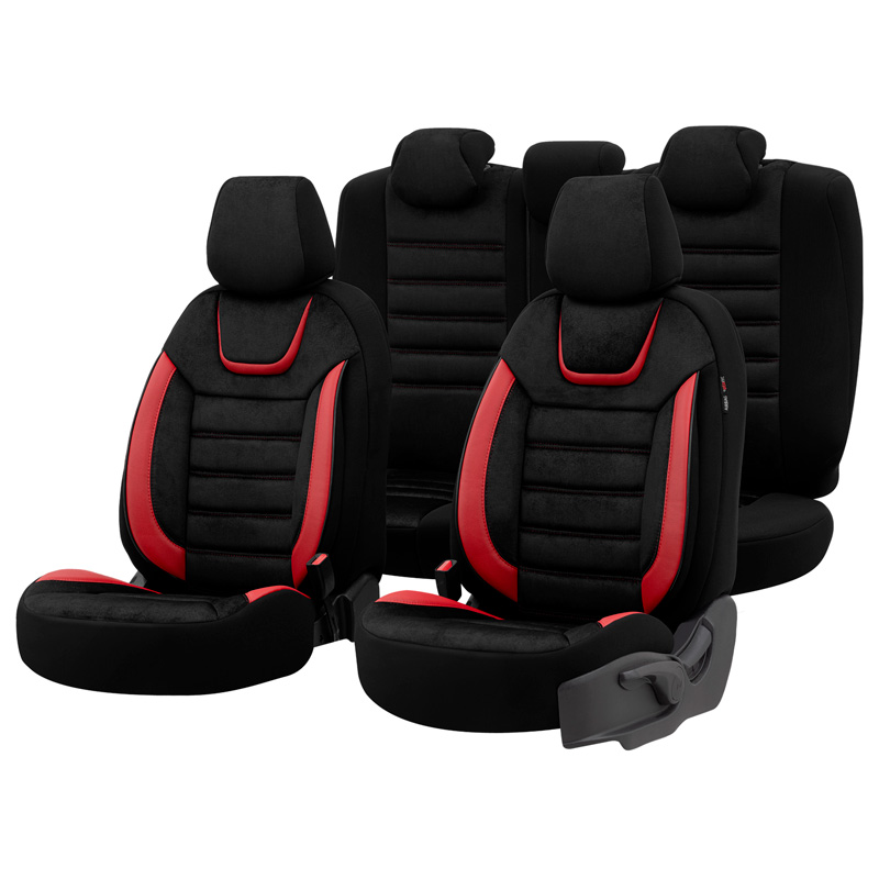 Housse de sièges universel en suede/cuir/textile 'Iconic' Noir/Rouge - 11-pièces - adapté aux Side-Airbags