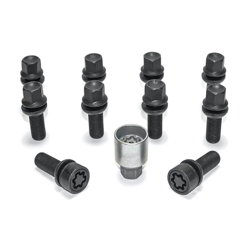 Jeu de Boulons de roue H&R sphérique avec cône mobile R13 M14x1.50 - Longueur 39mm - Noir - 10 pièces (p.e. sur mesure pour Audi S5) - antivol de roue inclus