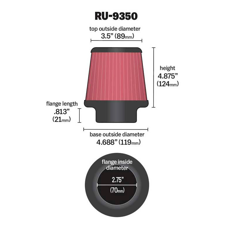 K&N Filtre à Air Universel Conique 70mm raccordement, 119mm de base, 89mm en haut, hauteur 124mm (RU-9350)