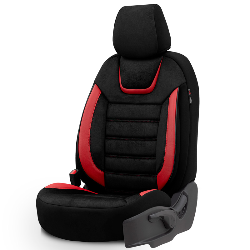 Housse de sièges universel en suede/cuir/textile 'Iconic' Noir/Rouge - 11-pièces - adapté aux Side-Airbags