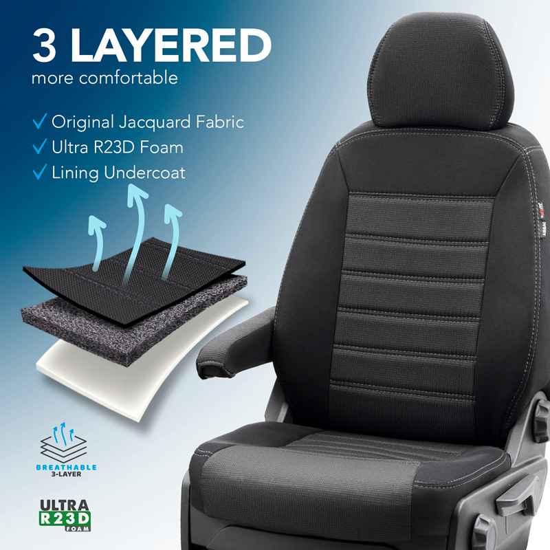 Original Design Housses de siège en tissu 2+1 sur mesure pour Citroën Jumpy/Peugeot Expert/Toyota Proace 2016-/Opel Vivaro 2019-/ Fiat Scudo 2022- (sans siège/banquette divisée)