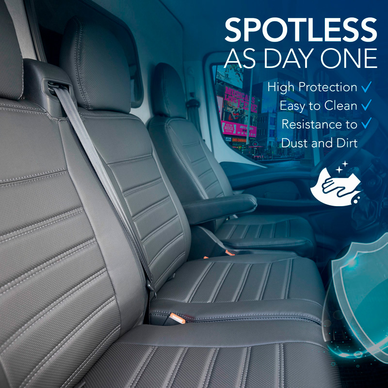 otoM New York Design Housses de siège en cuir artificiel 2+1 sur mesure pour Volkswagen Transporter T7 2024- (accoudoirs sur le siège du conducteur & table au dossier de banquette)