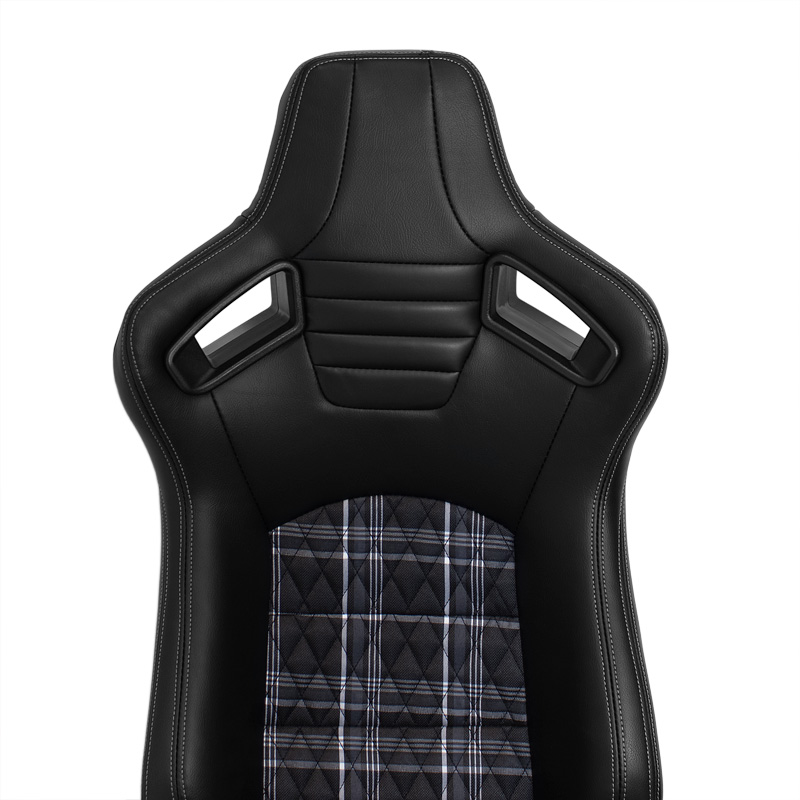 Siège baquet 'GT' - Simili Cuir Noir + Tissu en motif à carreaux Gris + Surpiqûres Gris - Dossier réglable - incl. glissières