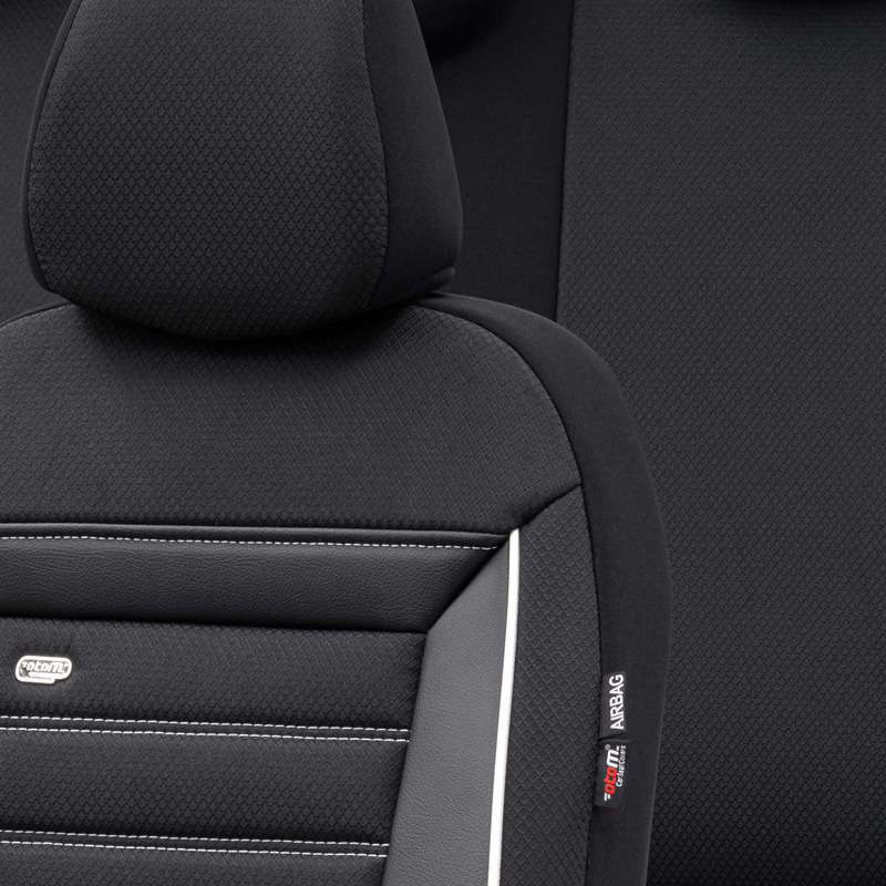 Housse de sièges universel en textile 'Prestige' Noir/Anthracite + Lisière blanc - 11-pièces - adapté aux Side-Airbags