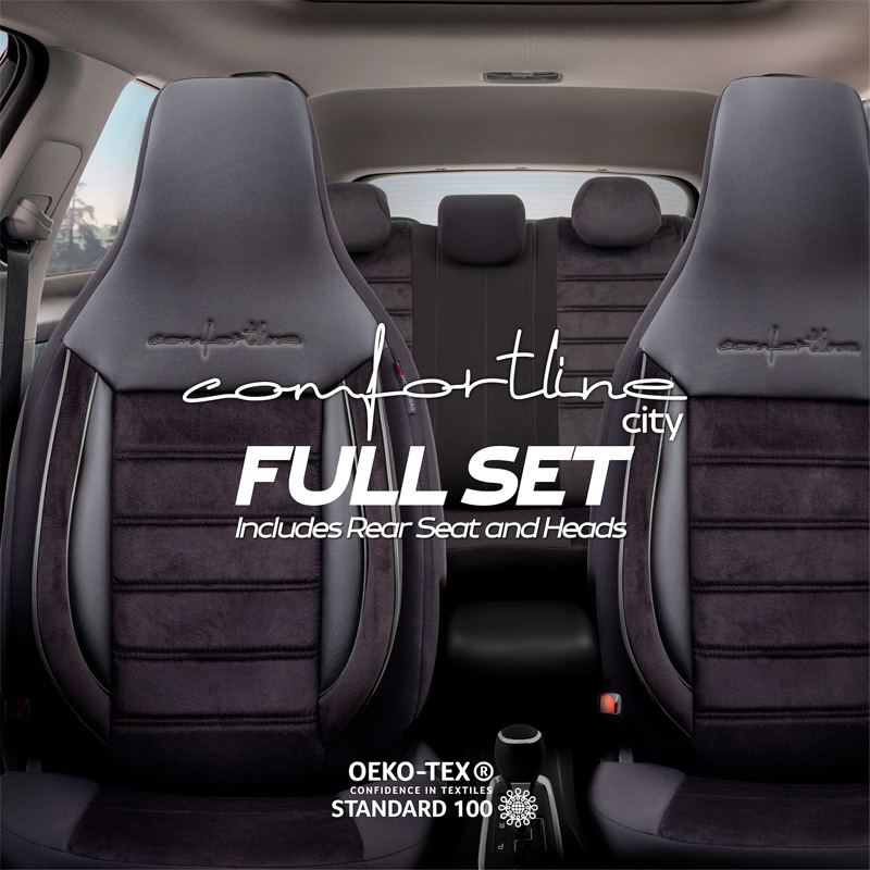 Housse de sièges 'CityBug' universel en velours/textile 'Comfortline' Noir/Gris - 9-pièces - adapté aux Side-Airbags