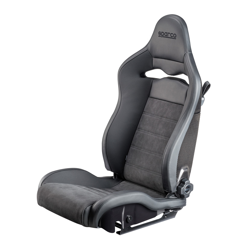 Sparco Siège Baquet SPX DX - Passenger version (Right) - Cuir/Alcantara Noir + Dossier en Carbone - Réglable du Côté Droit