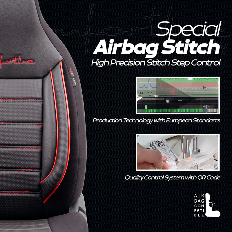 Housse de sièges 'CityBug' universel en cuir/textile 'Comfortline' Noir/Rouge - 9-pièces - adapté aux Side-Airbags