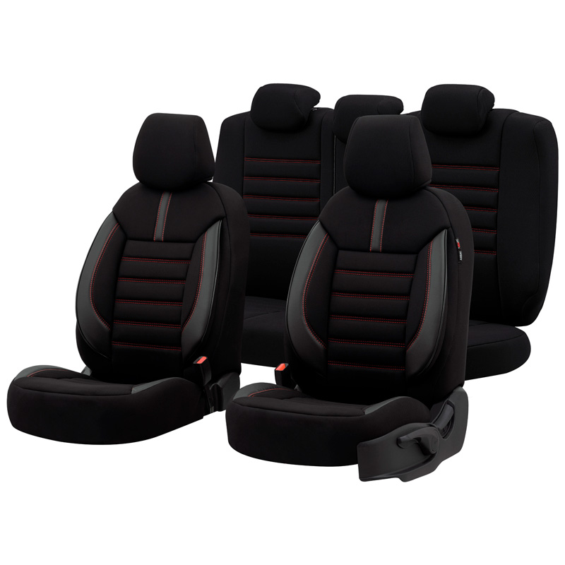 Housse de sièges universel en textile/cuir 'Limited' Noir + Surpiqûres rouge - 11-pièces - adapté aux Side-Airbags