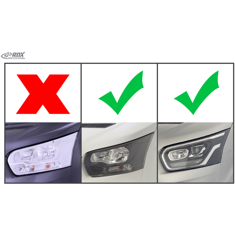 RDX Racedesign Spoilers de phares sur mesure pour Ford Transit (Phares au xénon et halogènes noirs) 2014- (ABS Blanc Brillant)