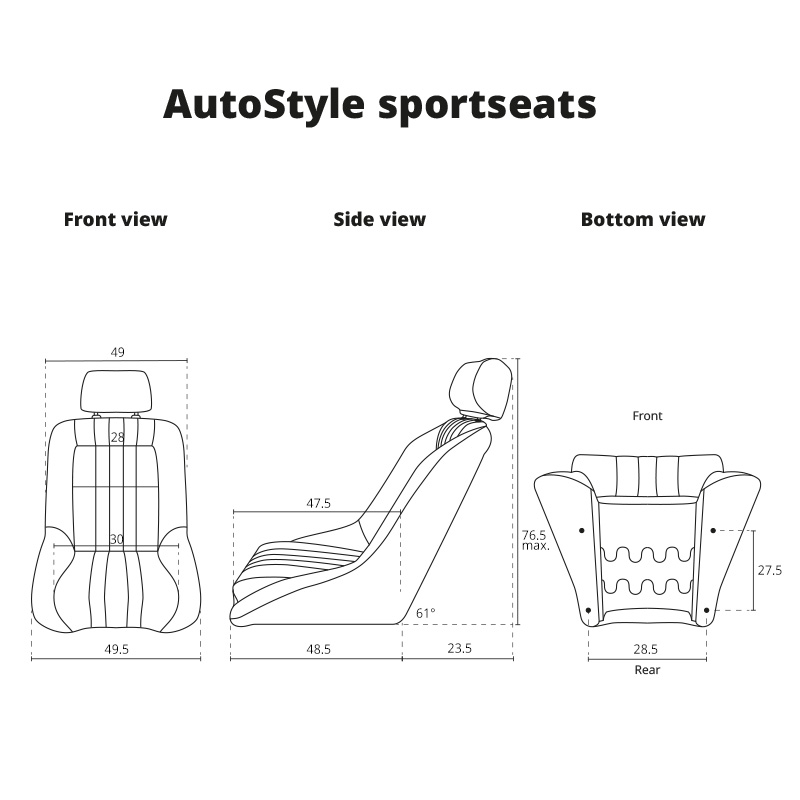 Siège baquet 'Classic' - Simili Cuir Noir - Dossier fixe + Appuie-tête - incl. glissières
