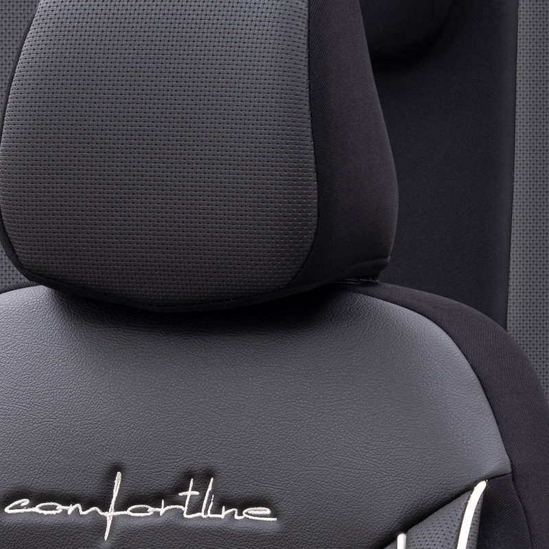 Housse de sièges universel en cuir/textile 'Comfortline' Noir/Gris + Lisière blanc - 11-pièces - adapté aux Side-Airbags