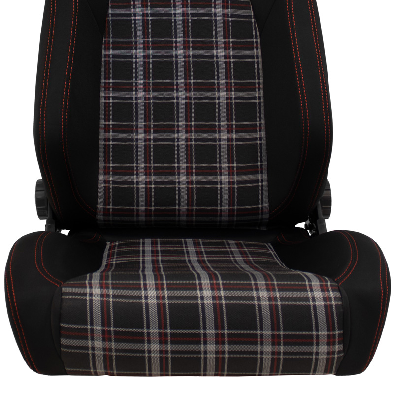 Siège baquet 'VGR' - Tissu Noir + Tissu en motif à carreaux Rouge + Surpiqûres Rouge - Dossier réglable - incl. glissières