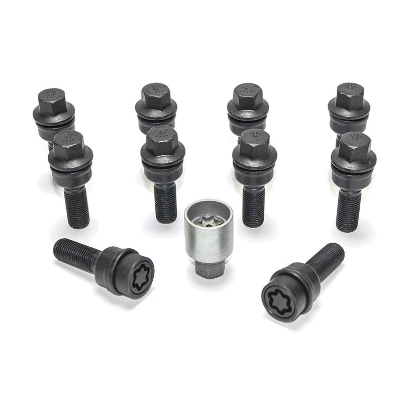 Jeu de Boulons de roue H&R sphérique avec cône mobile R14 M14x1.50 - Longueur 42mm - Noir - 10 pièces (p.e. sur mesure pour Audi Q3, Q5) - antivol de roue inclus
