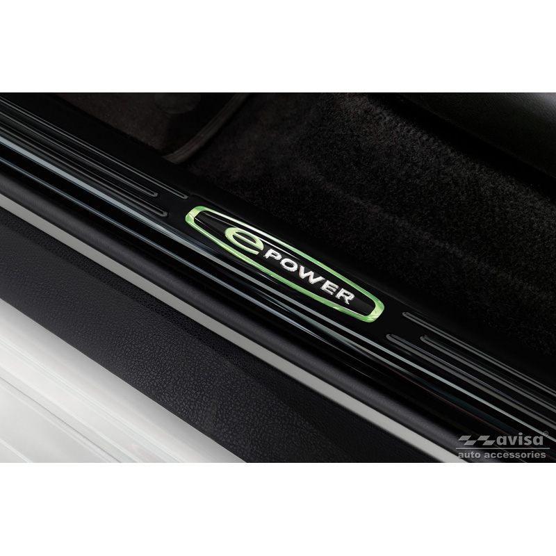 Seuils de portes inoxydable noir luisant sur mesure pour Nissan Leaf II (2E1) 2017-2022 & Facelift 2022- 'E-Power' - 4-pièces