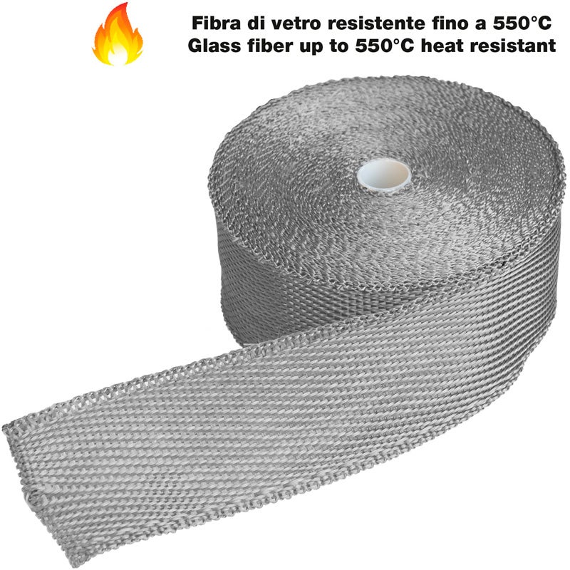 Simoni Racing Kit Ruban Isolant pour Échappement 2S - 15m x 5cm + 6 colliers < 550°C - Fibre de Verre - Argent