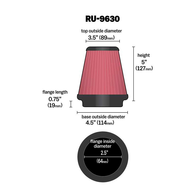 K&N Filtre à Air Universel Conique 64mm raccordement, 114mm de base, 89mm en haut, 127mm hauteur (RU-9630)