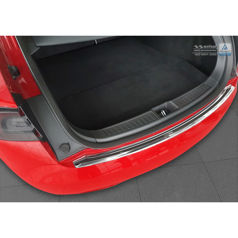 Protection de seuil arrière inox 'Deluxe' sur mesure pour Tesla Model S 2012-2016 & Facelift 2016- Chromé/Carboné noir