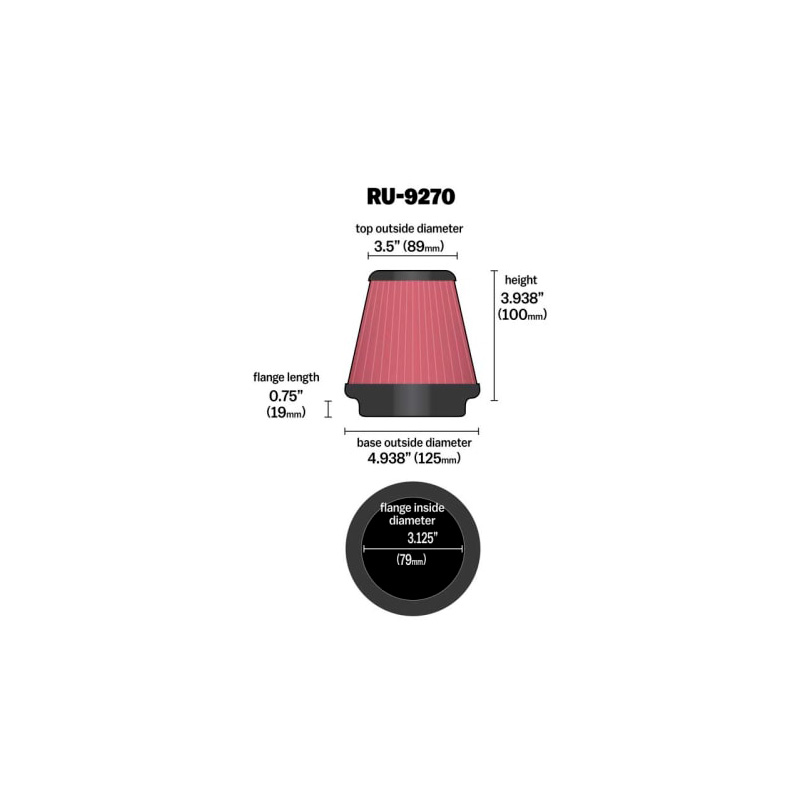 K&N Filtre à Air Universel Conique 79mm raccordement, 125mm de base, 89mm en haut, hauteur 100mm (RU-9270)