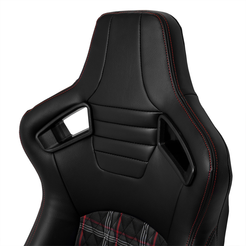 Siège baquet 'GT' - Simili Cuir Noir + Tissu en motif à carreaux Rouge + Surpiqûres Rouge - Dossier réglable - incl. glissières