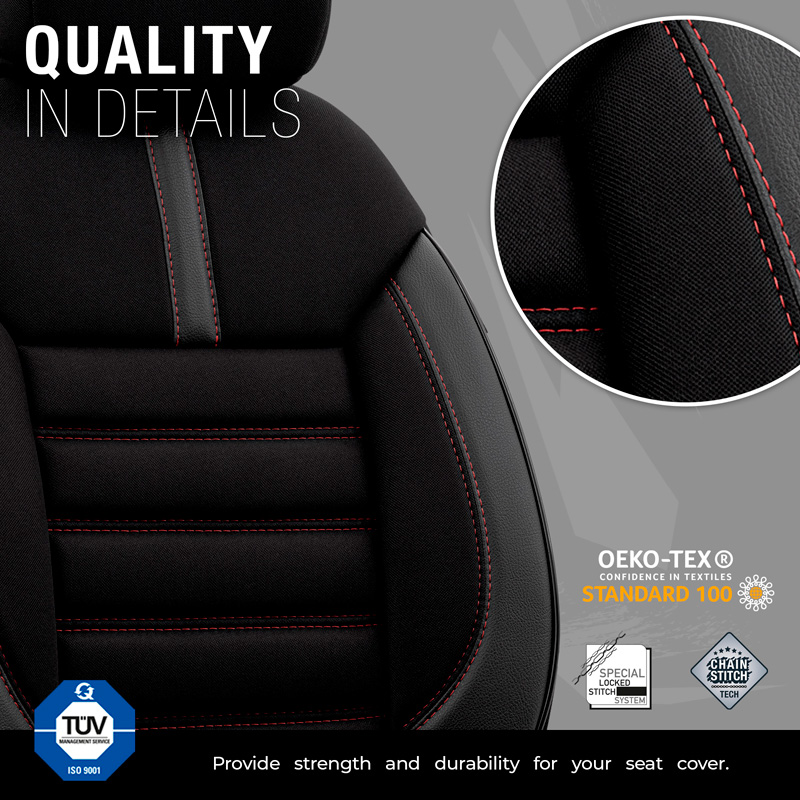 Housse de sièges universel en textile/cuir 'Limited' Noir + Surpiqûres rouge - 11-pièces - adapté aux Side-Airbags
